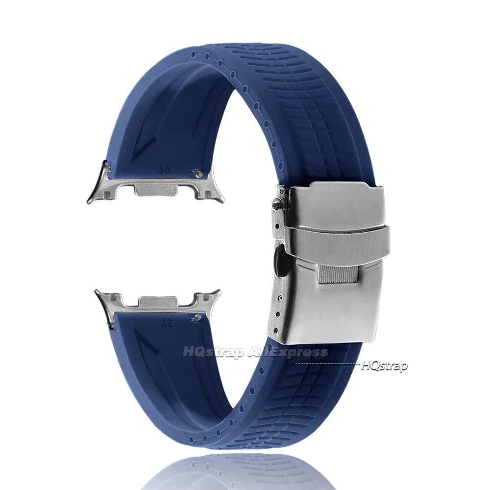 Samsung Galaxy Silicone Sport Watch Band - Watch8/Watch8 Classic/Watch9 Waterproof Buckle in deep blue with ribbed texture.