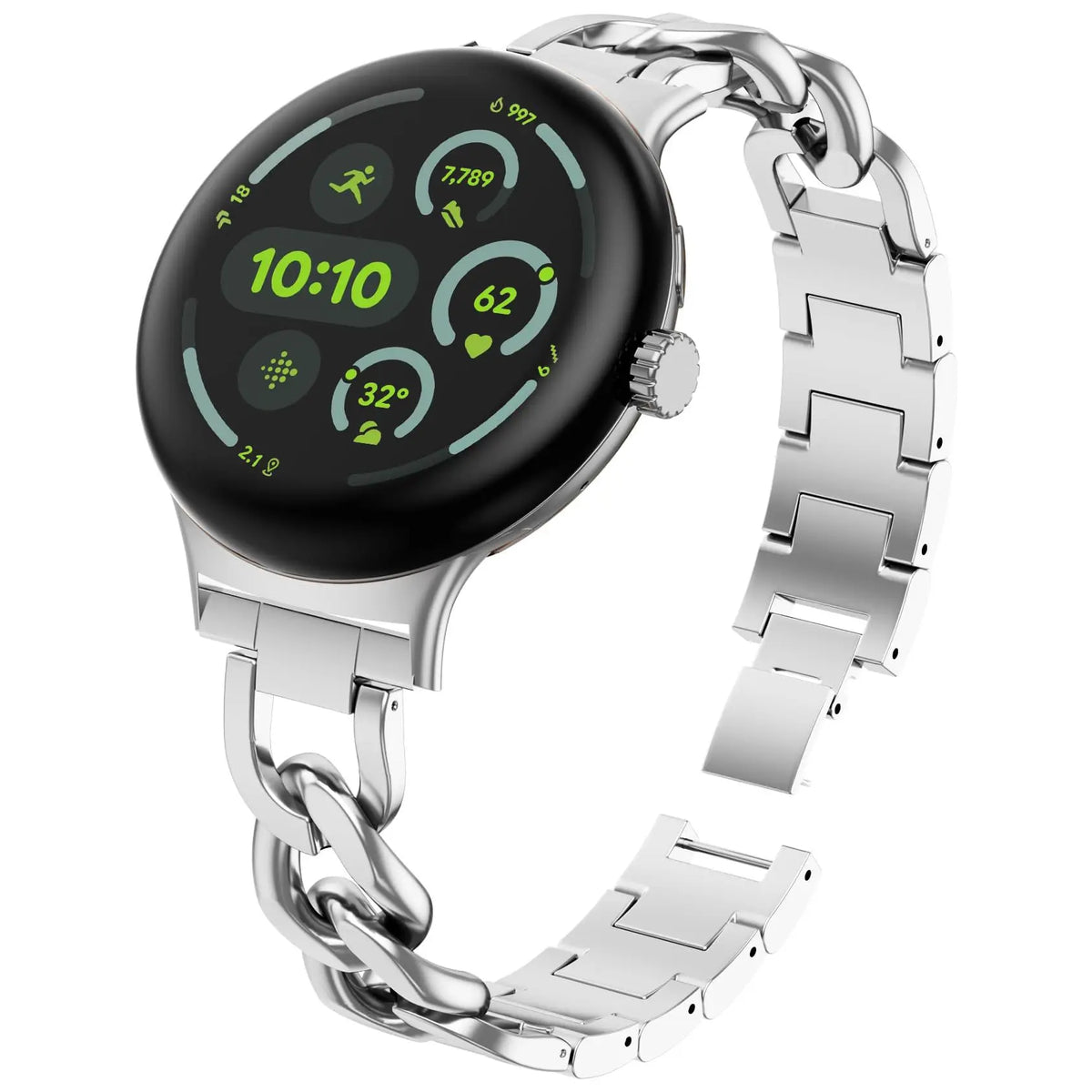Silver Google Pixel Watch 5, 4 and 3 Chain Link Stainless Steel Band