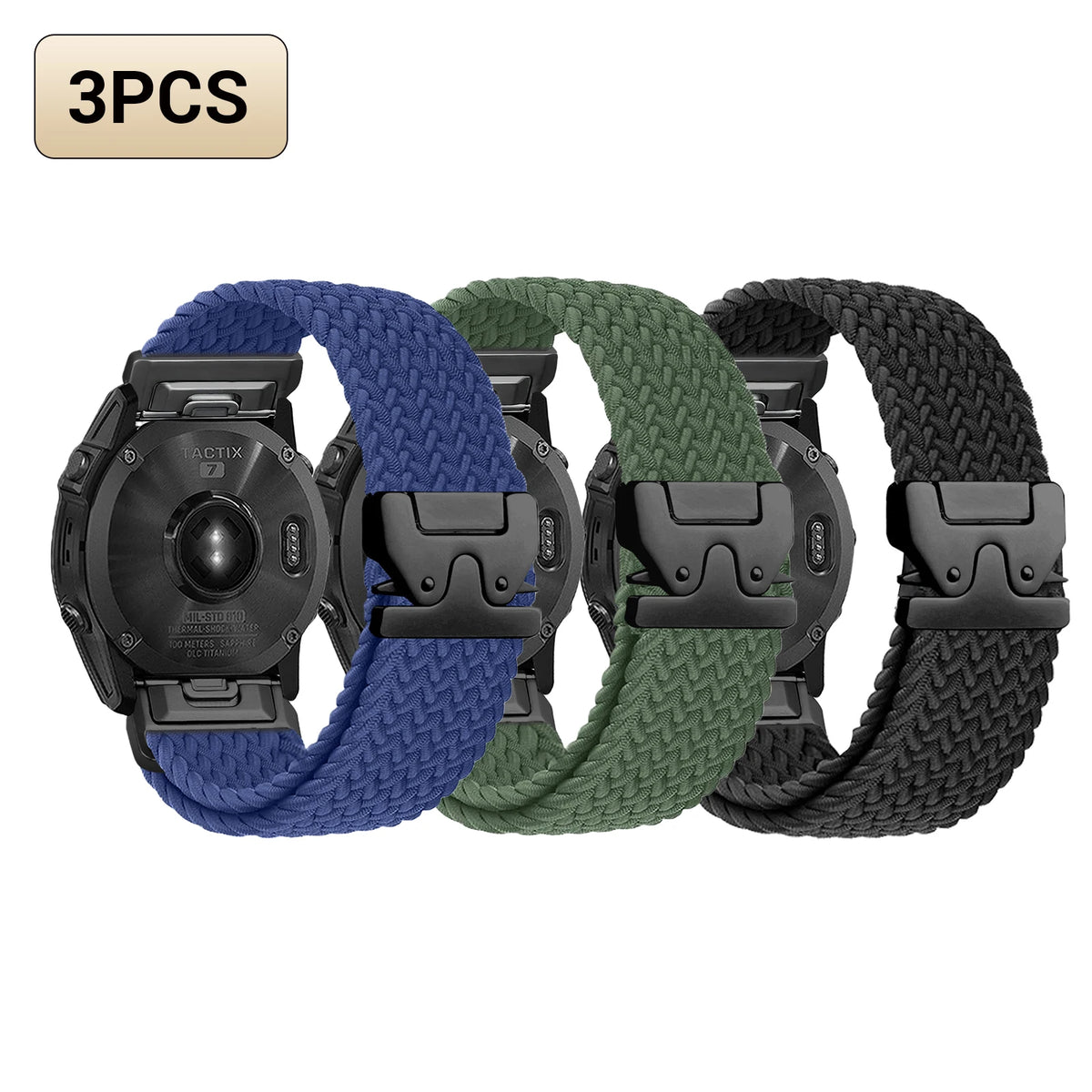 3-Pack Blue, Green & Black Garmin QuickFit 20/22/26mm Braided Stretch Nylon Band
