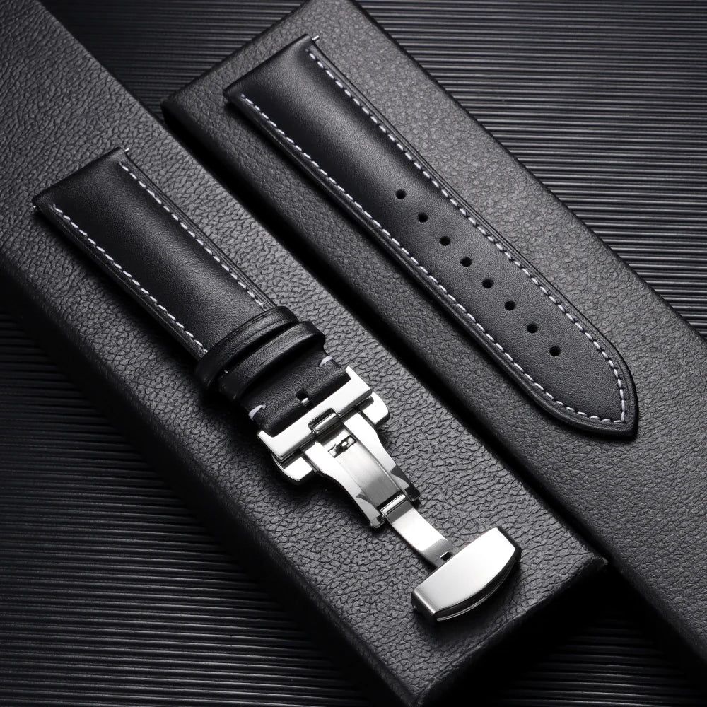 Garmin Leather Butterfly Clasp Band in Black, White Stitching