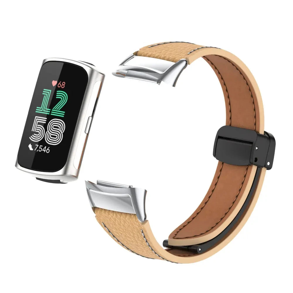 Apricot Fitbit Charge 5 and 6 Leather Band with Magnetic Folding Clasp