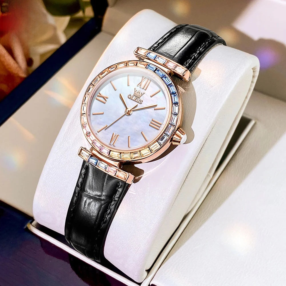 Women's Crystal Accent Leather Quartz Watch — Black — BandsCo Straps