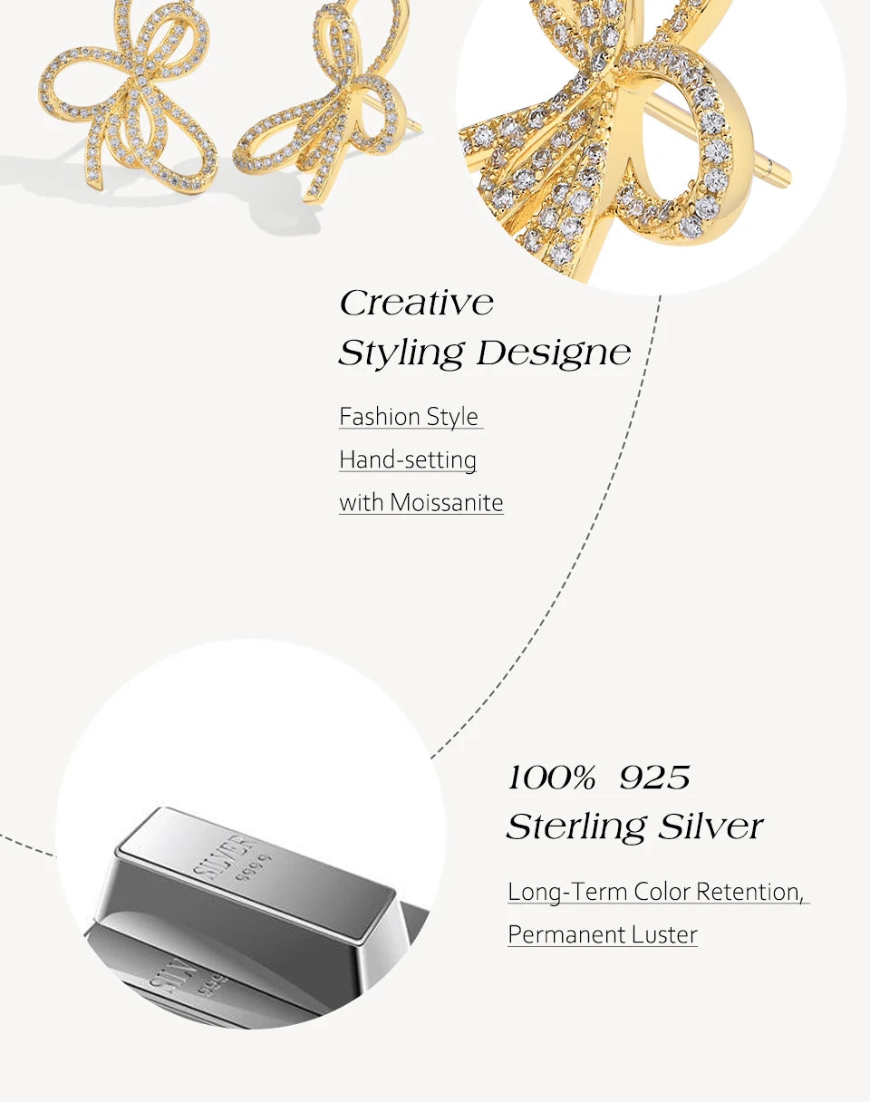 Open Bow Moissanite Stud Earrings in 925 Sterling Silver — Bow design and material
