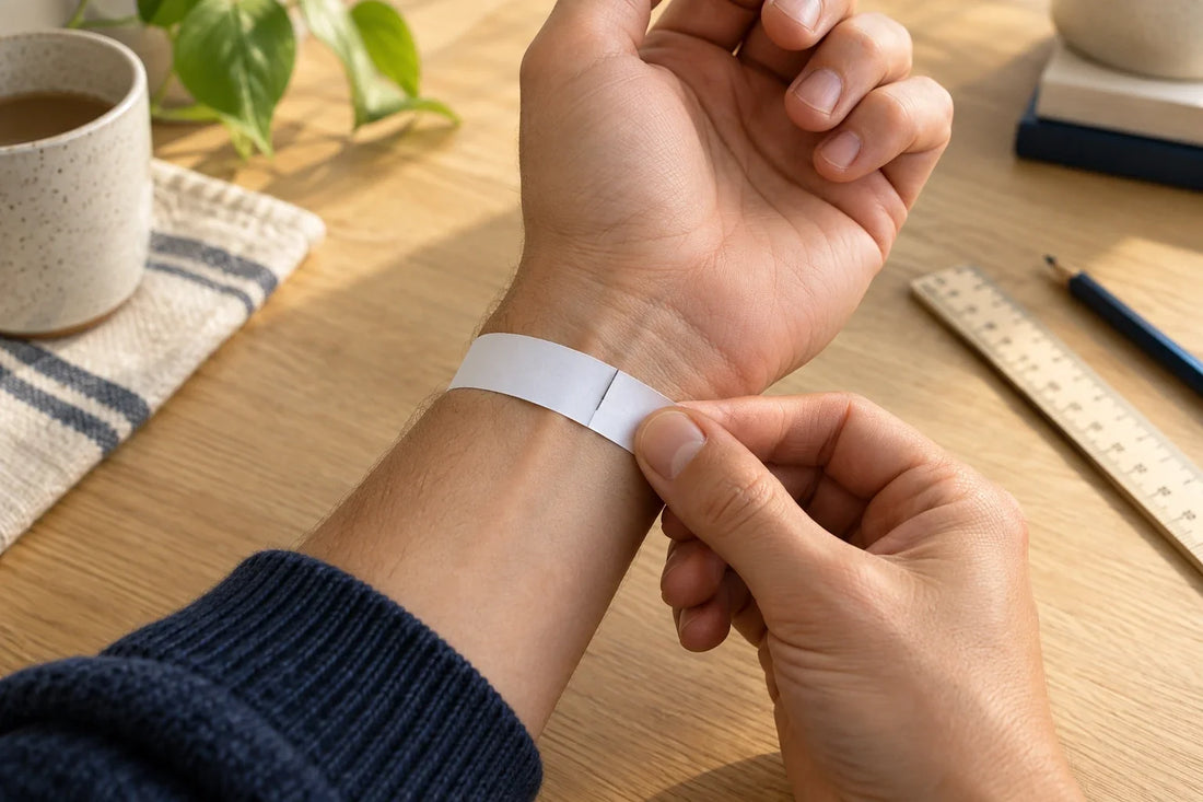 A paper strip wrapped around a wrist to measure for a stretch watch band.