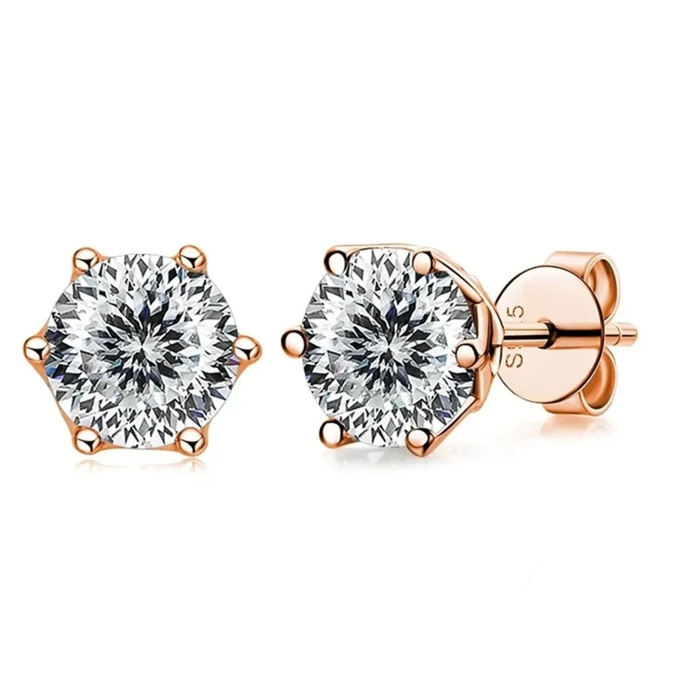 Colored Moissanite Stud Earrings in Rose Gold-Tone Silver - white stones in rose gold-tone settings