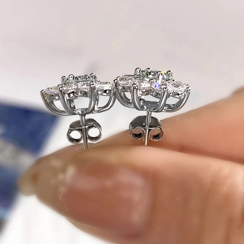 Flower Halo Moissanite Stud Earrings in Sterling Silver - Open basket and butterfly backs