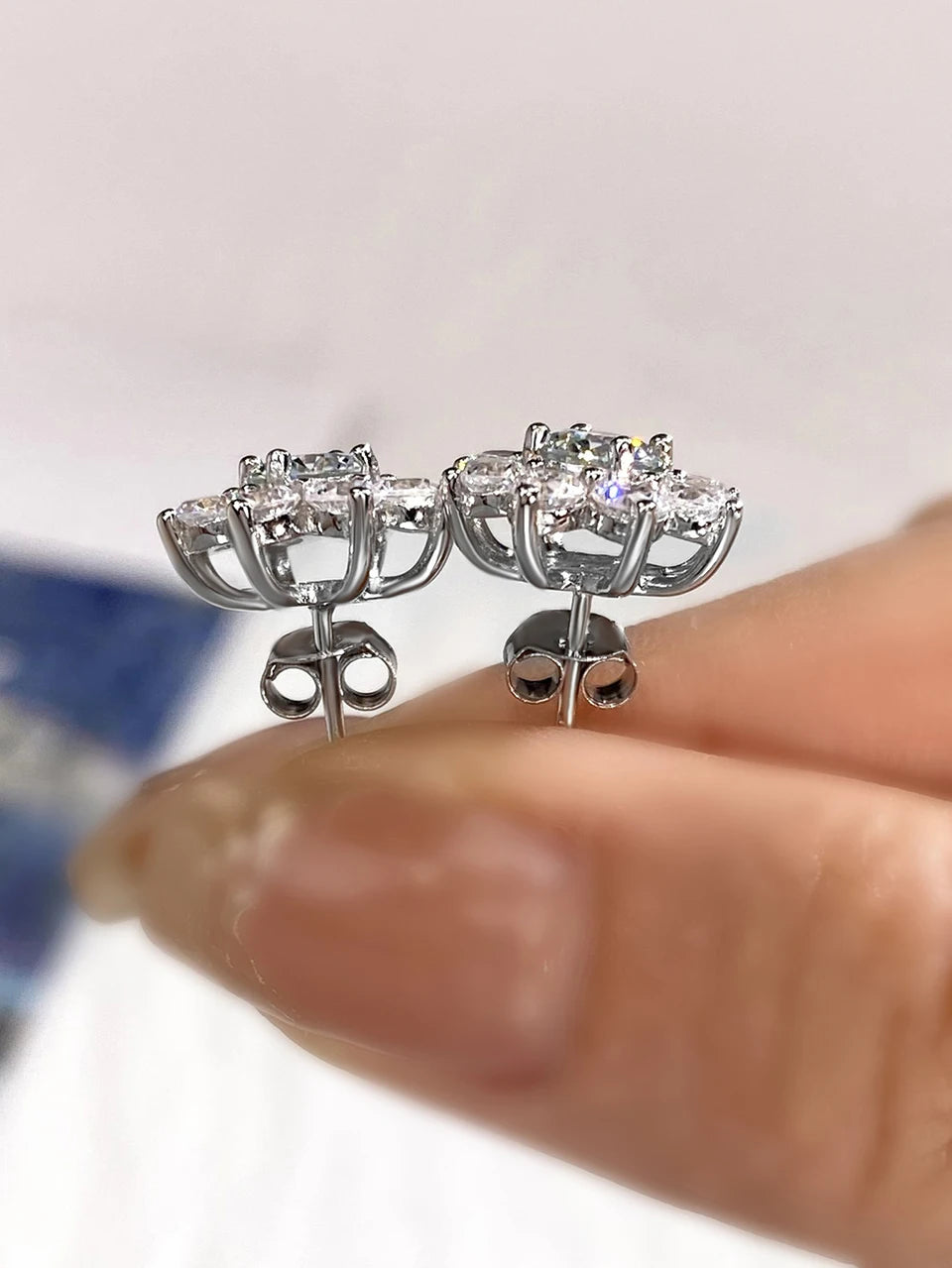 Flower Halo Moissanite Stud Earrings in Sterling Silver - Rear settings close-up