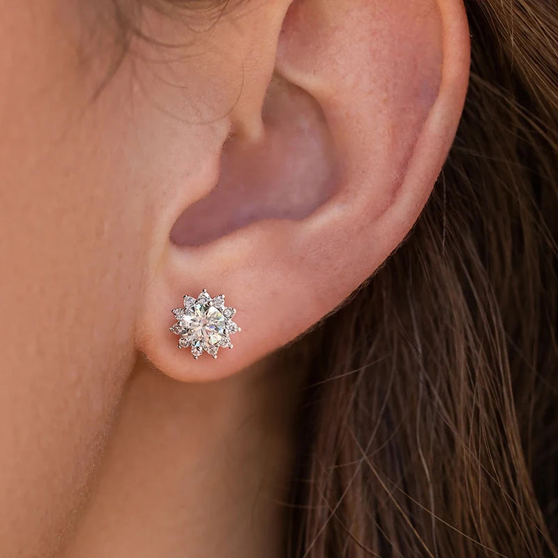 Sunflower Halo Moissanite Stud Earrings - stud worn close-up