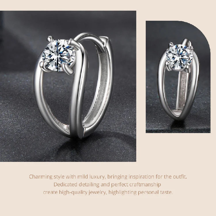 Double-Row Moissanite Huggie Hoop Earrings in Silver — Solitaire and twin curve detail