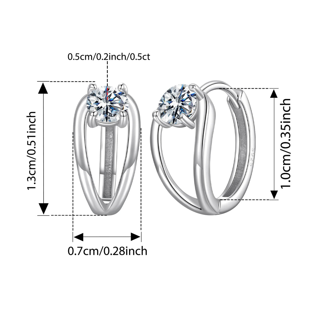 Double-Row Moissanite Huggie Hoop Earrings in Silver — Measurement guide