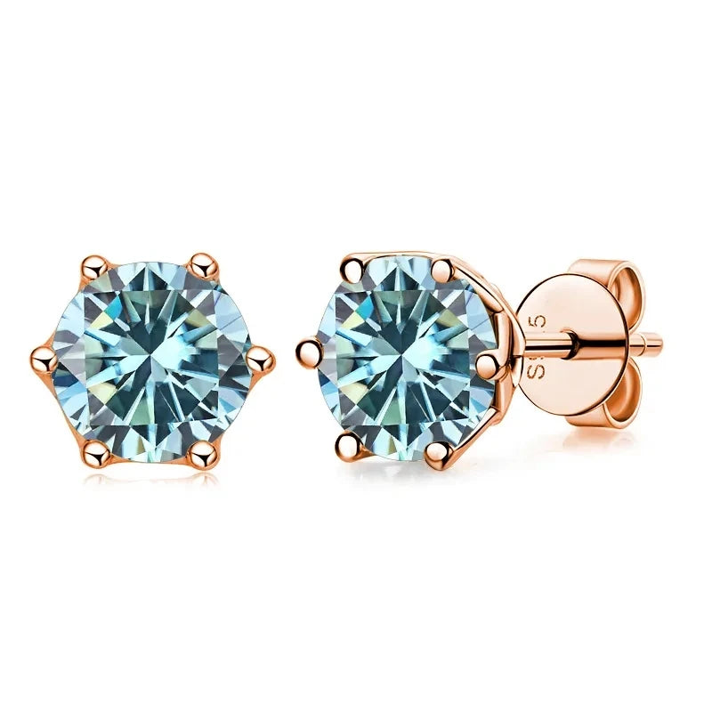 Colored Moissanite Stud Earrings in Rose Gold-Tone Silver - blue stones