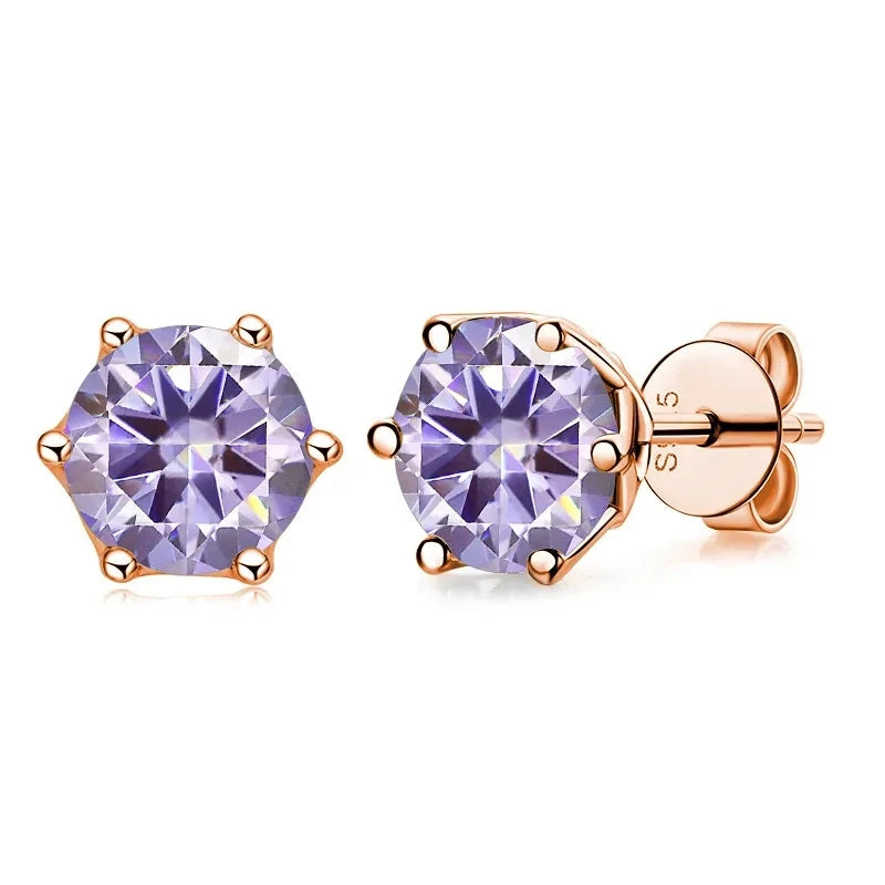 Colored Moissanite Stud Earrings in Rose Gold-Tone Silver - light purple stones