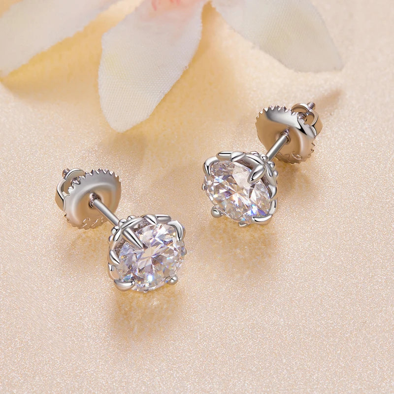 Openwork Moissanite Screw-Back Stud Earrings in Silver — Pair on fabric
