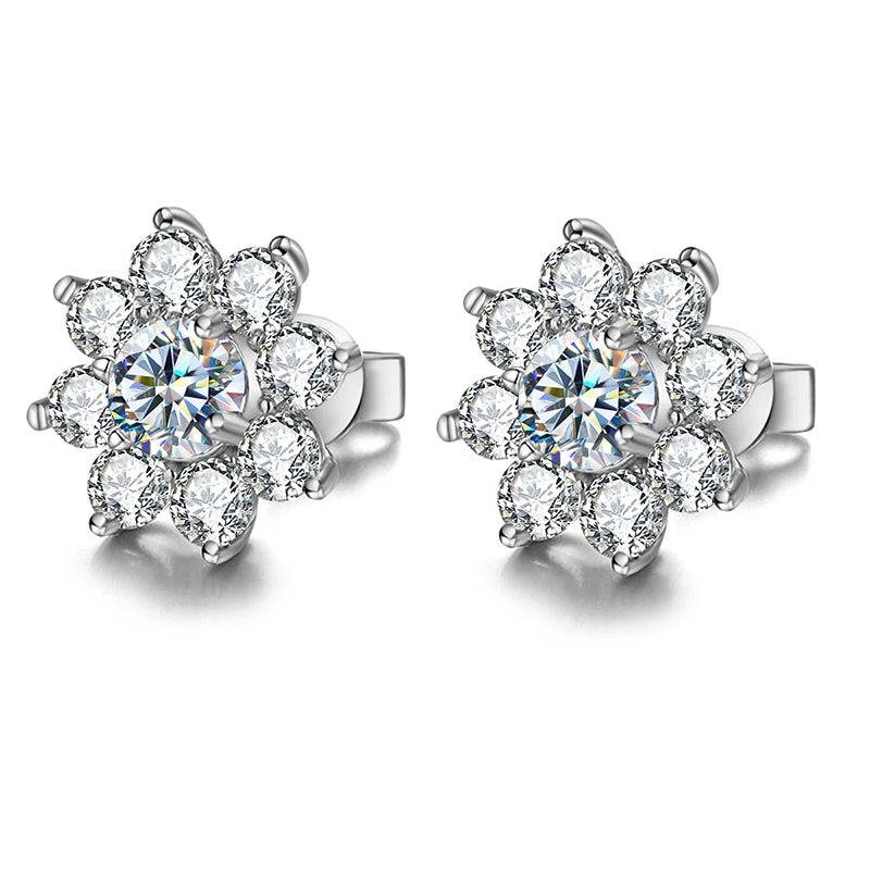 Flower Halo Moissanite Stud Earrings in Sterling Silver - Floral halo pair