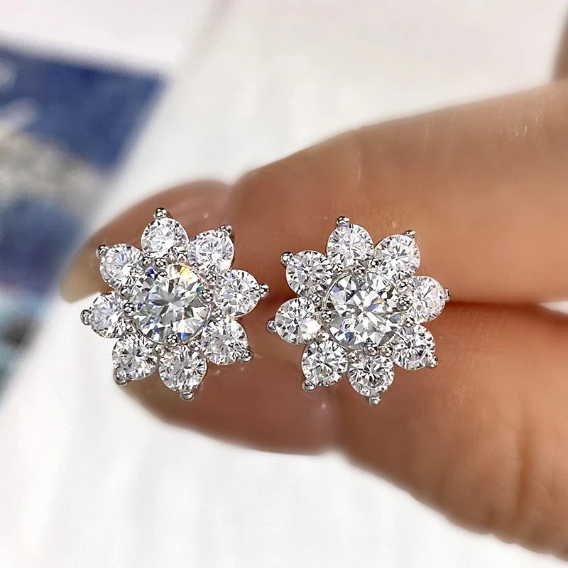 Flower Halo Moissanite Stud Earrings in Sterling Silver - Floral fronts close-up