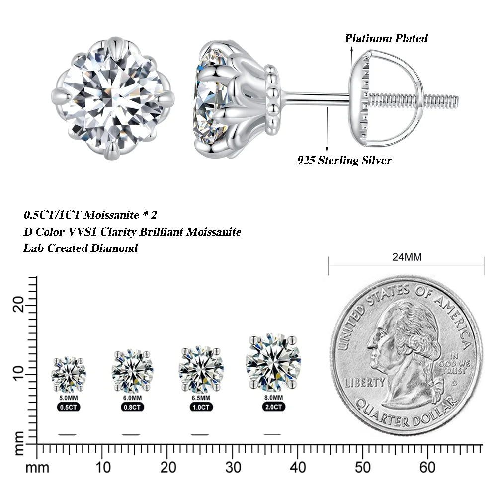 Openwork Moissanite Screw-Back Stud Earrings in Silver — Stone size and scale guide