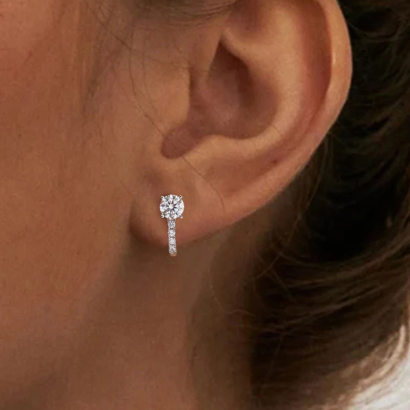Round Moissanite Accent Leverback Earrings in Silver - Leverback earrings on model