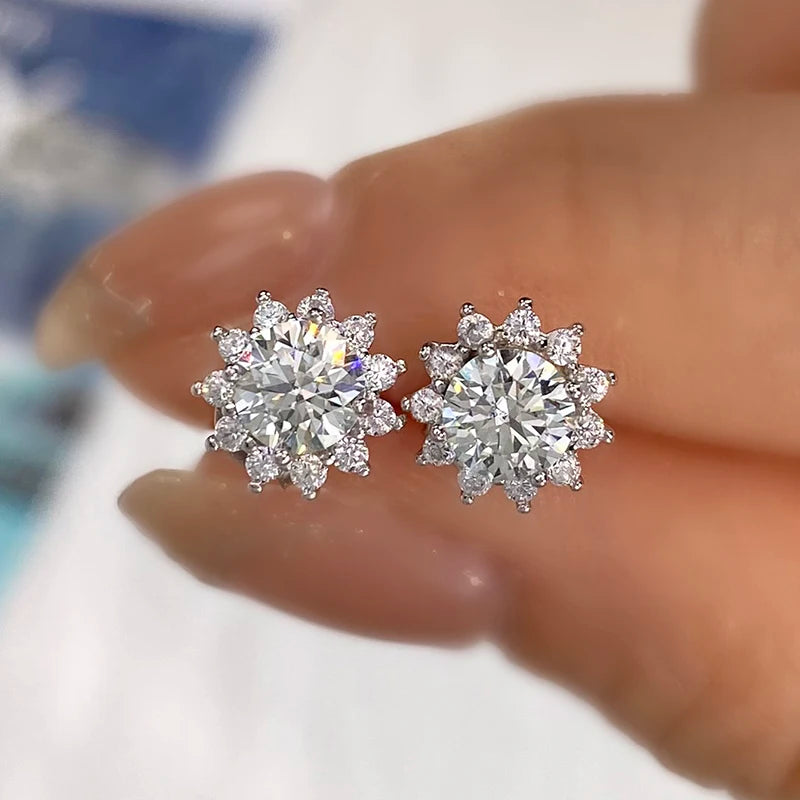 Sunflower Halo Moissanite Stud Earrings - front view close-up