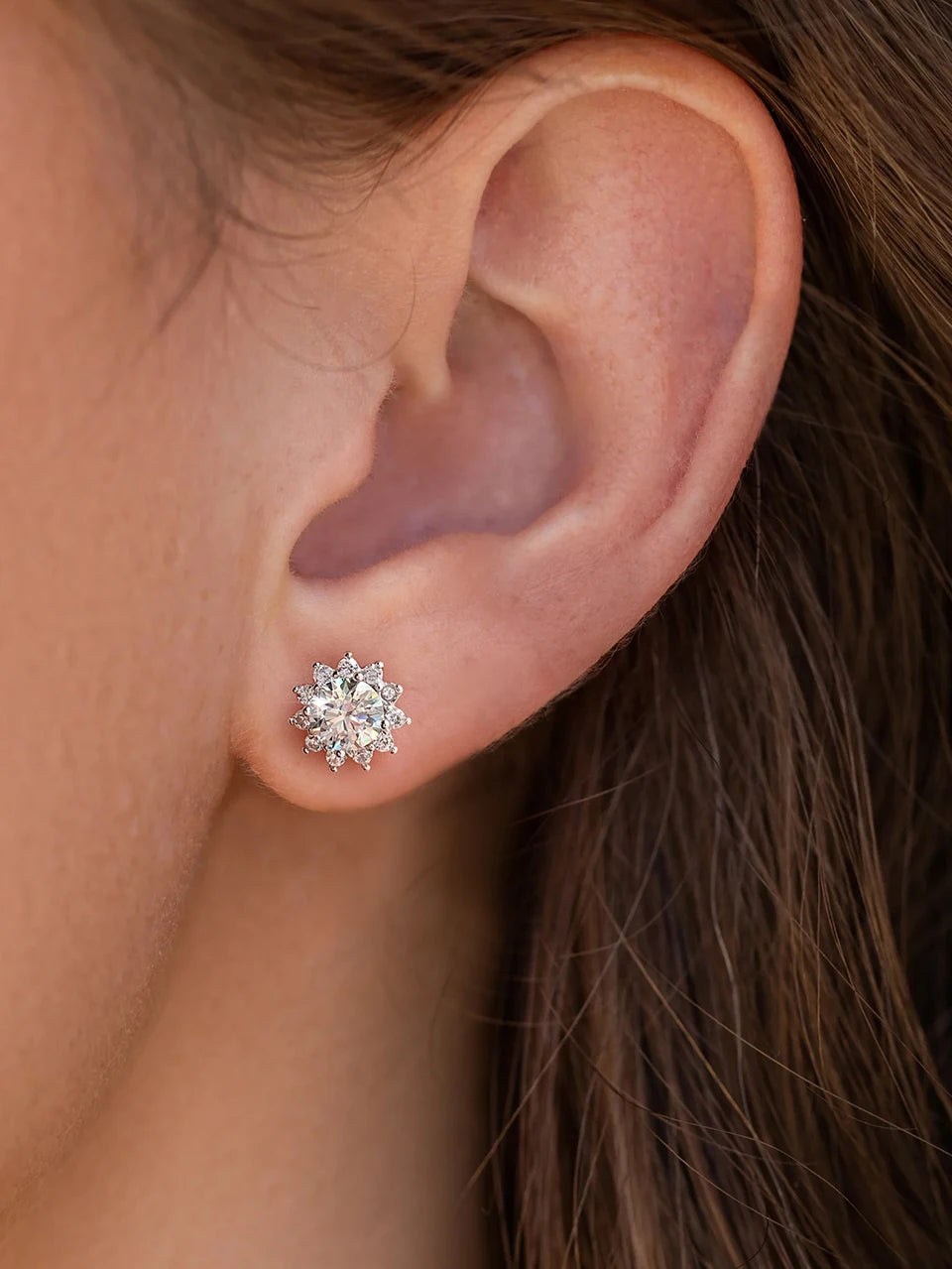 Sunflower Halo Moissanite Stud Earrings - stud worn