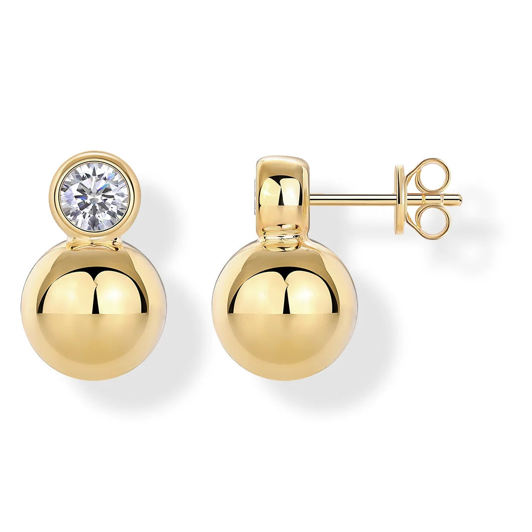 Gold-Plated Moissanite Orb Stud Earrings in Sterling Silver — Gold-plated orb studs, front and side