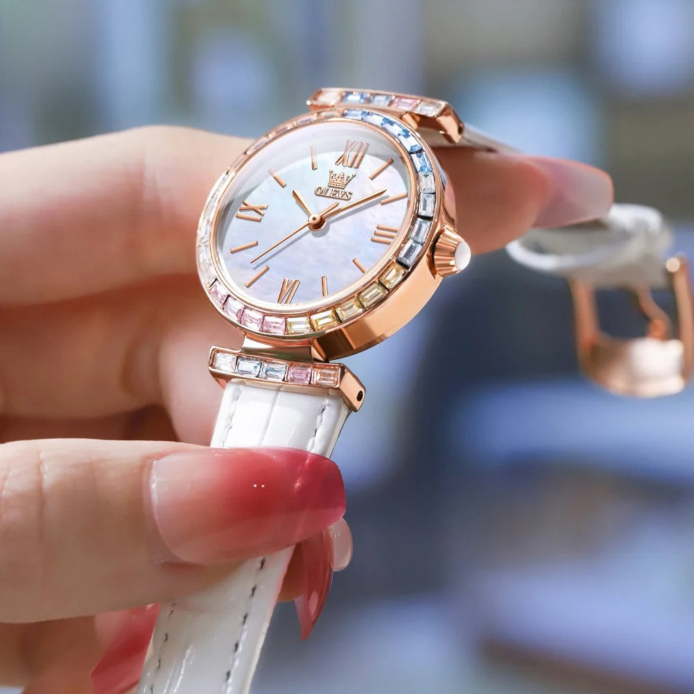Women's Crystal Accent Leather Quartz Watch — White leather crystal watch held in hand — BandsCo Straps