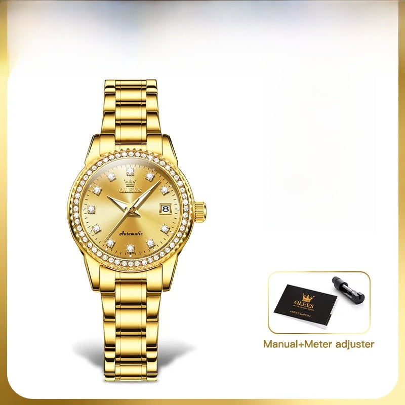 Women's Automatic Crystal Bezel Bracelet Watch — Gold-tone watch front view — BandsCo Straps
