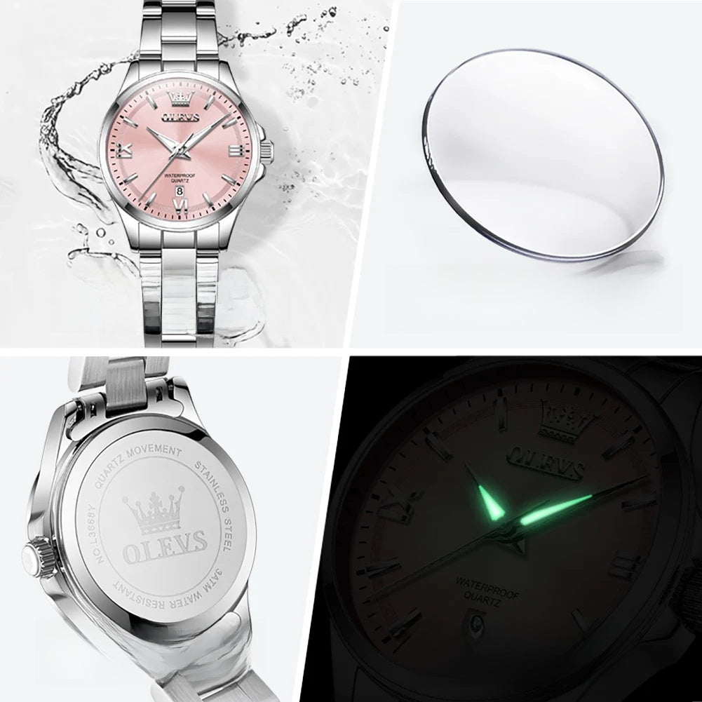 Women's 30mm Roman Numeral Quartz Bracelet Watch — Watch case, dial window and luminous hands details