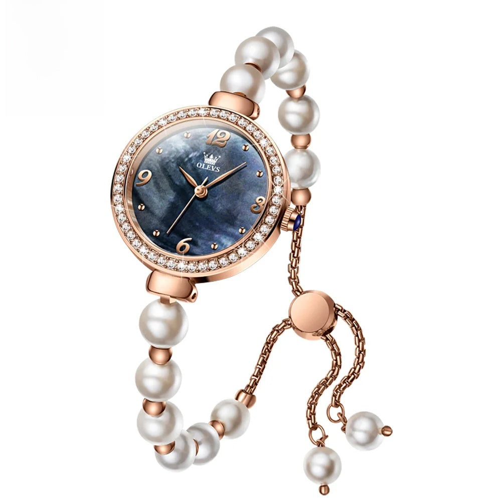 Women's Faux Pearl Bracelet Quartz Watch — Blue dial faux pearl bracelet watch — BandsCo Straps