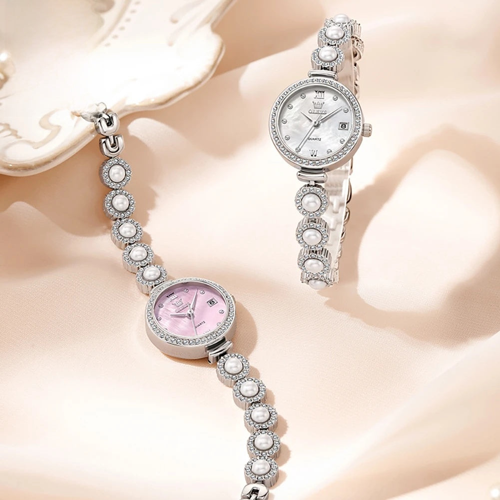 Women's Pearl-Effect Crystal Bracelet Watch — Silver-tone watches with white and pink dials