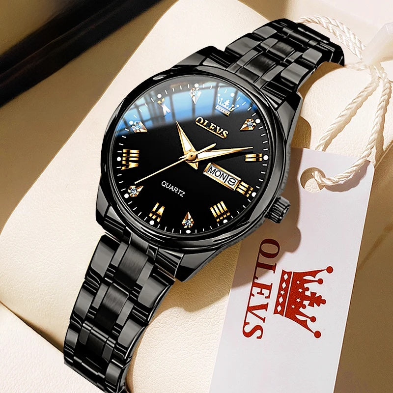 Women's 29mm Day-Date Stainless Steel Quartz Watch — Black / Black Dial