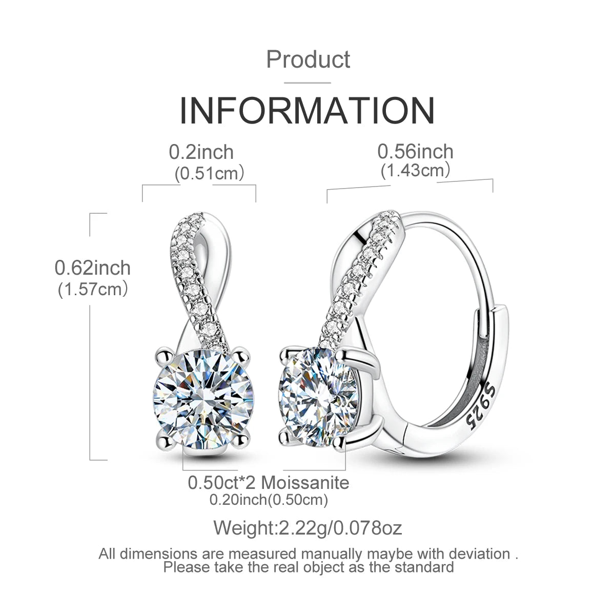 Crossover Moissanite Hoop Earrings in Sterling Silver — Hoop dimensions and 5mm stones