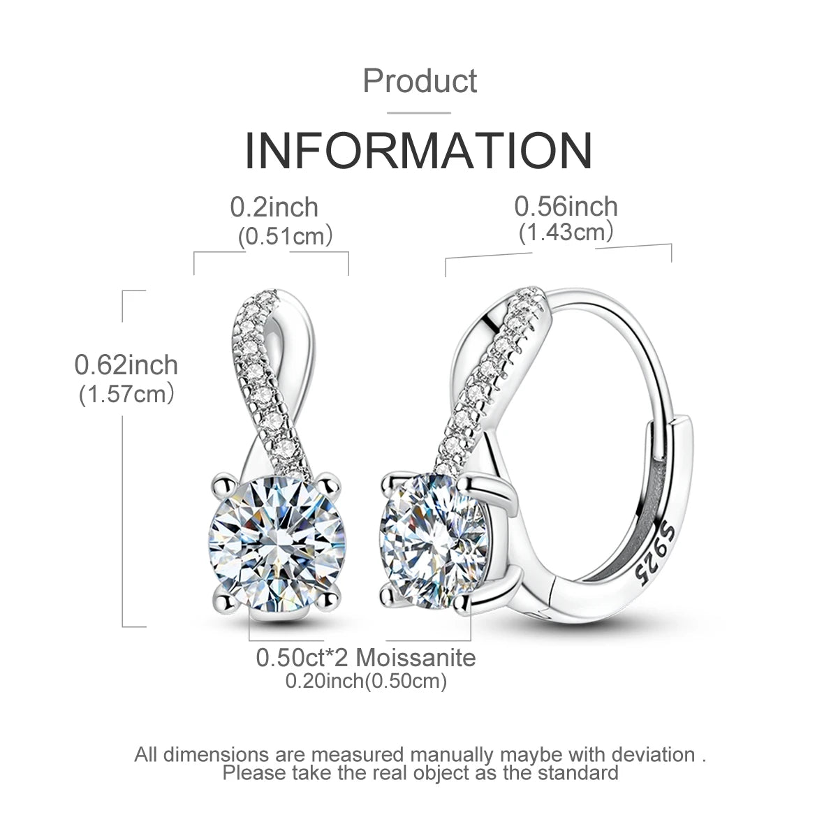 Crossover Moissanite Hoop Earrings in Sterling Silver — Dimensions and stone size