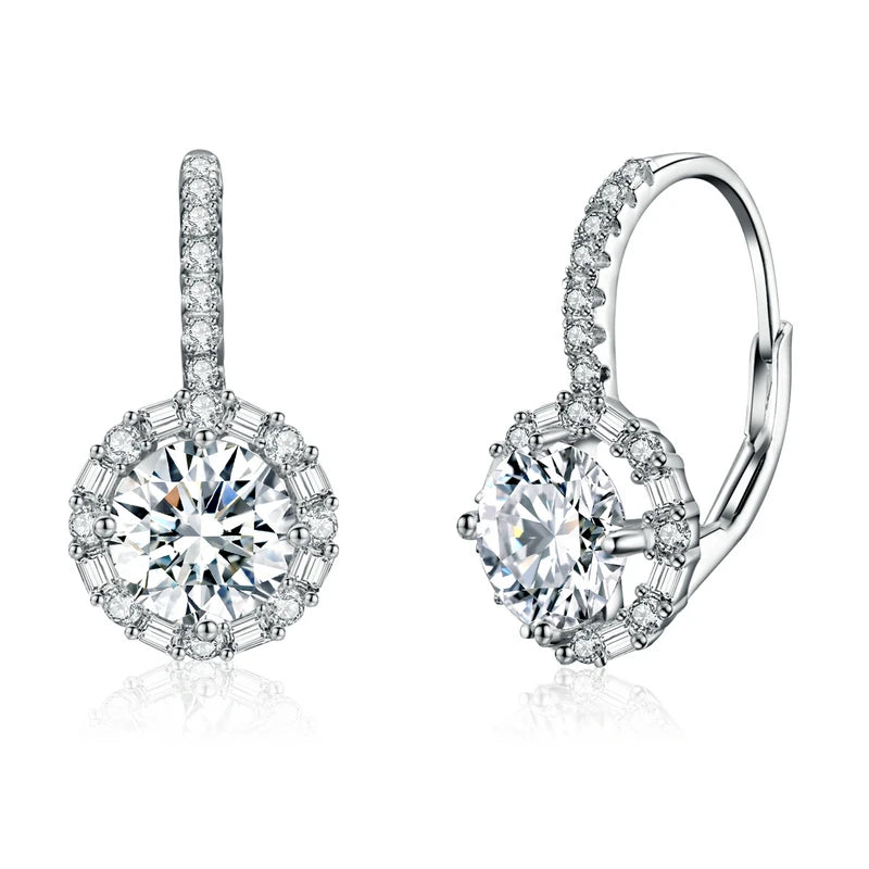 Round Halo Moissanite Leverback Earrings in Silver — Round halo pair