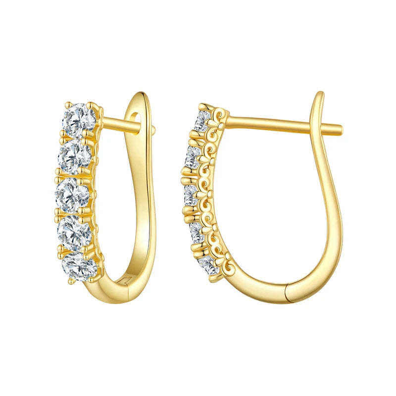 Five-Stone U-Shaped Moissanite Hoop Earrings in Silver - Gold-tone fronts and hinged backs