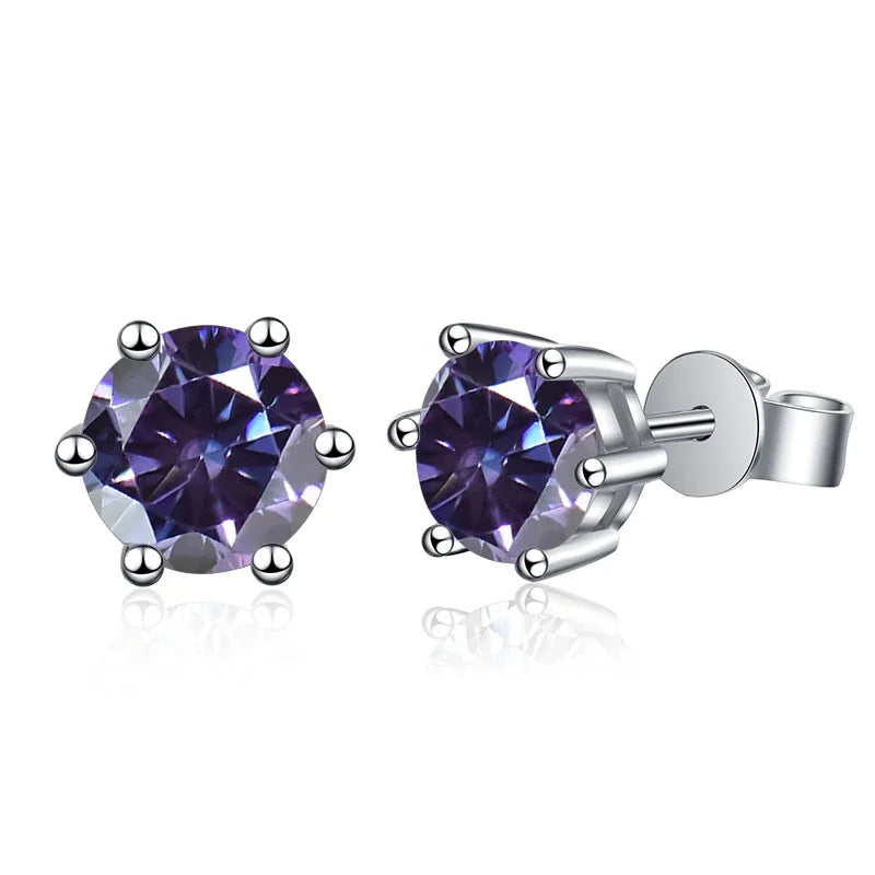 Colored Round Moissanite Stud Earrings in Sterling Silver - Violet stones