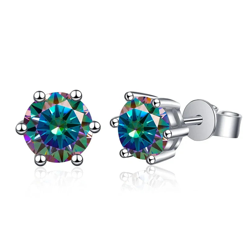 Colored Round Moissanite Stud Earrings in Sterling Silver - Rainbow stones