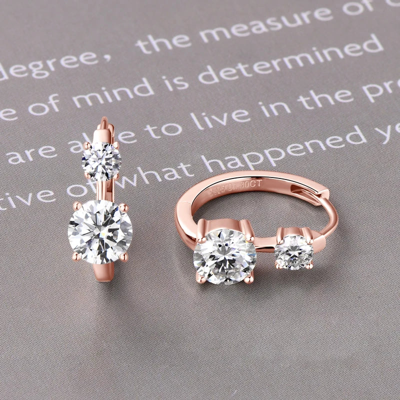 Graduated Two-Stone Moissanite Hoop Earrings in Sterling Silver — Rose Gold-Tone setting detail