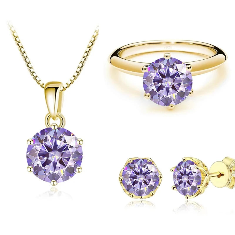 Gold-Tone Colored Moissanite Necklace, Stud Earrings & Ring Set — Light purple set