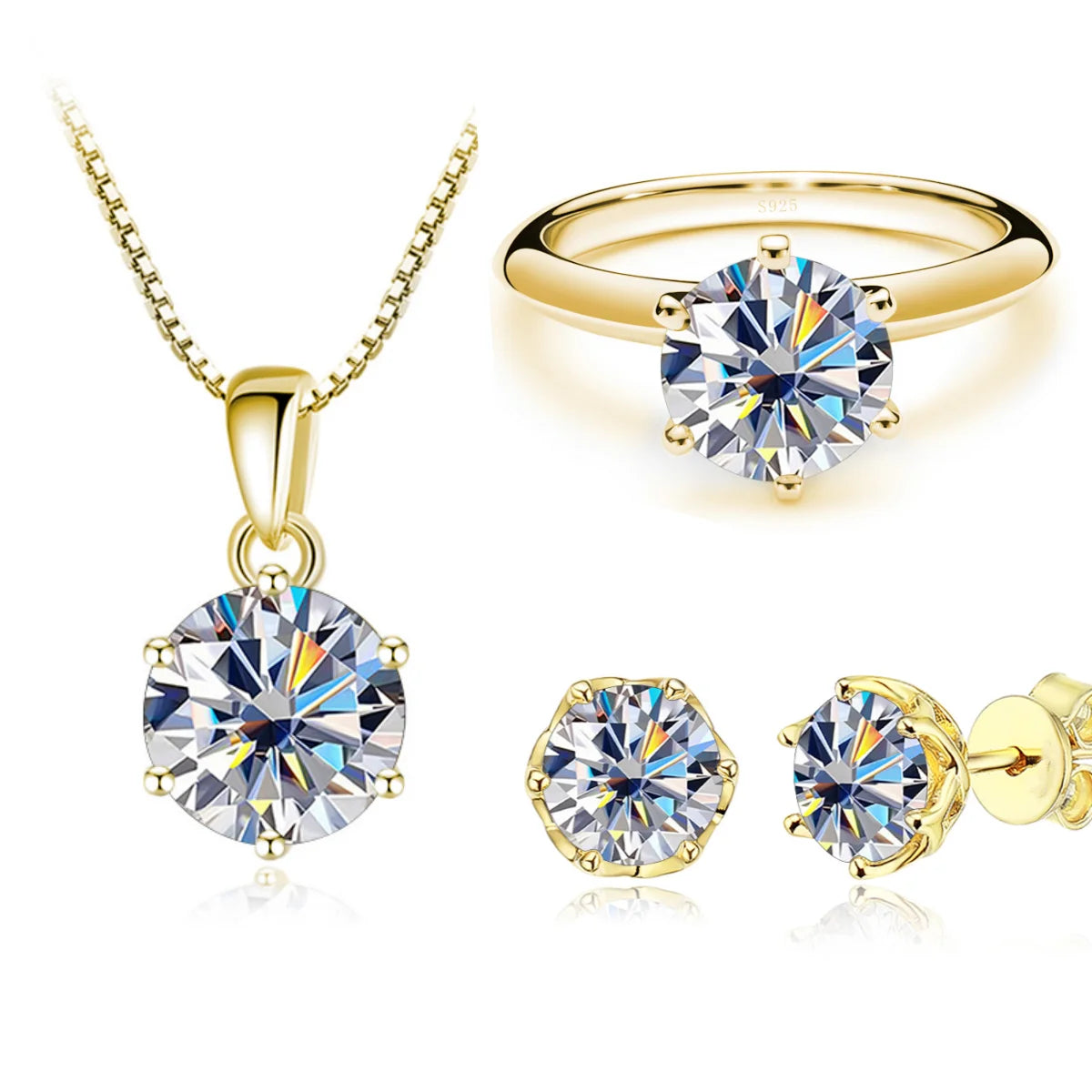 Gold-Tone Colored Moissanite Necklace, Stud Earrings & Ring Set — White set
