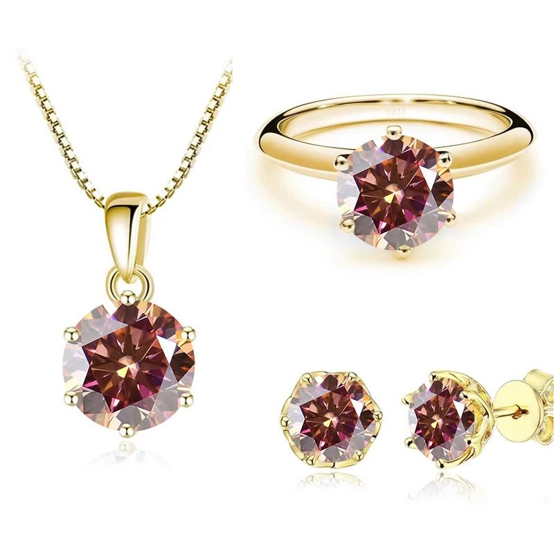 Gold-Tone Colored Moissanite Necklace, Stud Earrings & Ring Set — Orange red set