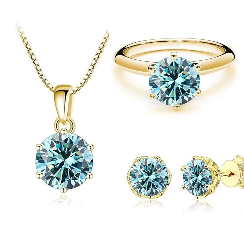 Gold-Tone Colored Moissanite Necklace, Stud Earrings & Ring Set — Blue set