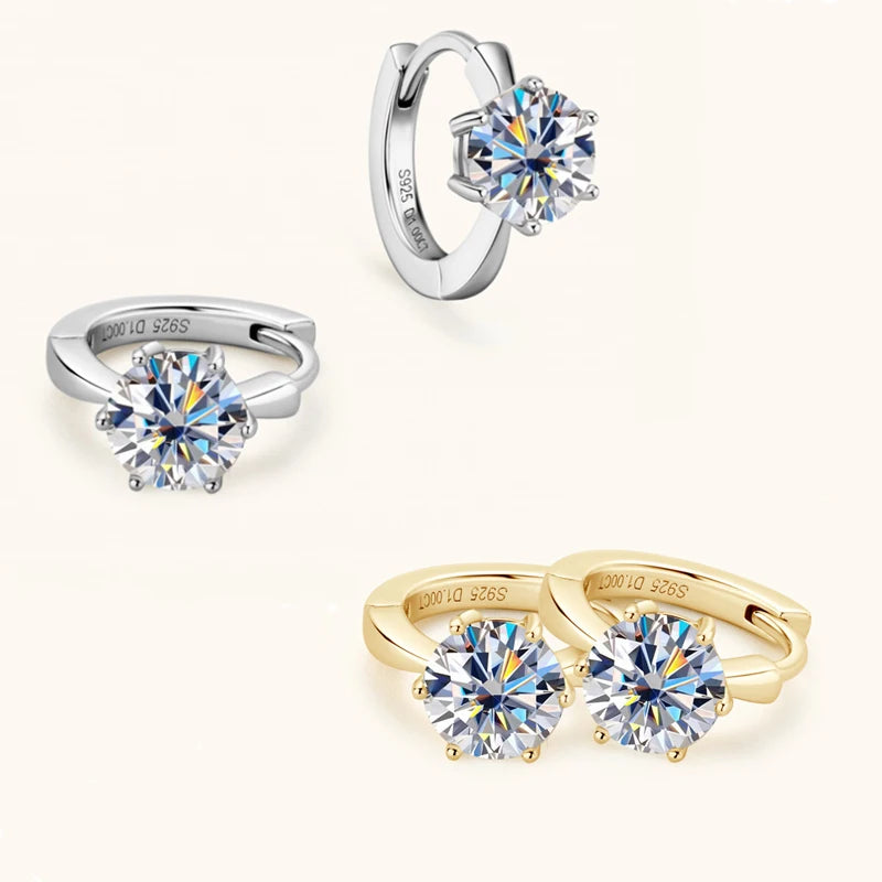 Six-Prong Moissanite Solitaire Hoop Earrings in Silver — Silver and gold-tone comparison