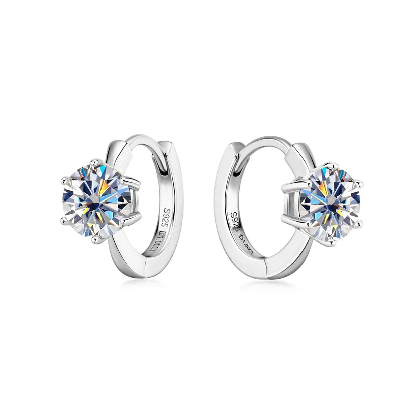 Six-Prong Moissanite Solitaire Hoop Earrings in Silver — Silver six-prong hoops