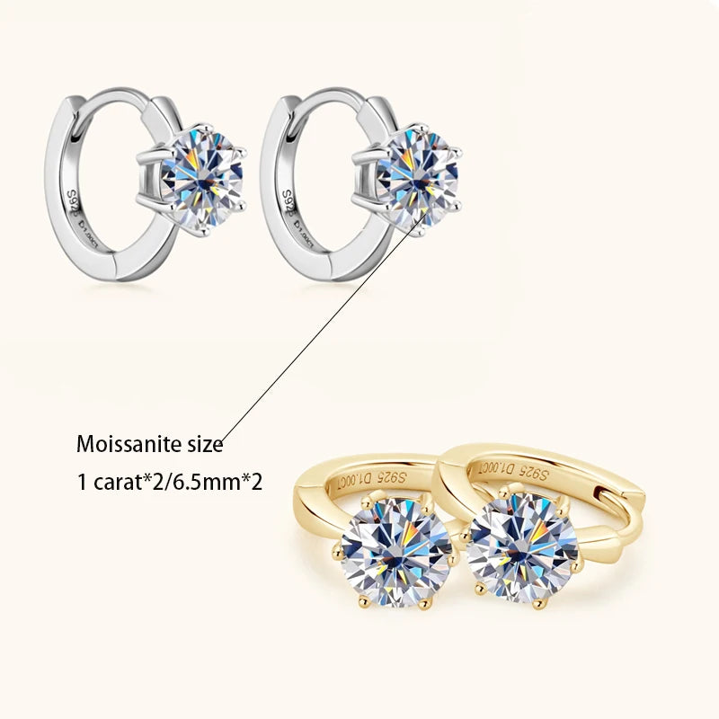 Six-Prong Moissanite Solitaire Hoop Earrings in Silver — Stone size and finish comparison