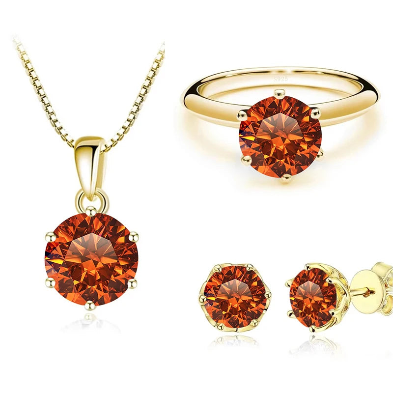 Gold-Tone Colored Moissanite Necklace, Stud Earrings & Ring Set — Orange set