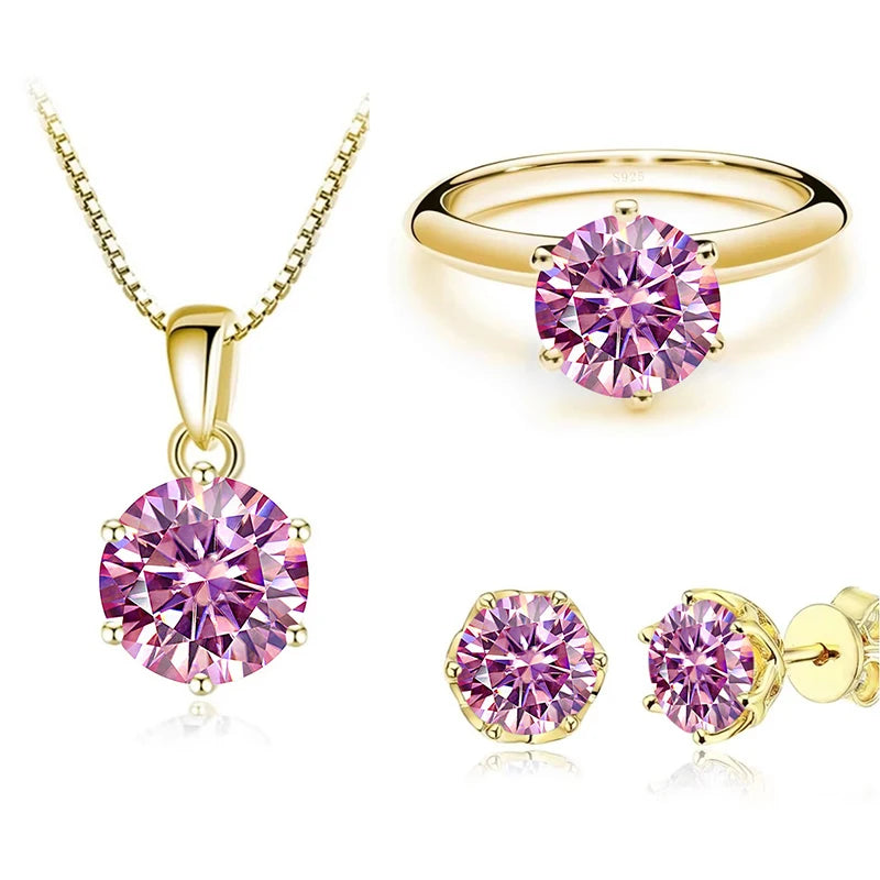 Gold-Tone Colored Moissanite Necklace, Stud Earrings & Ring Set — Pink set