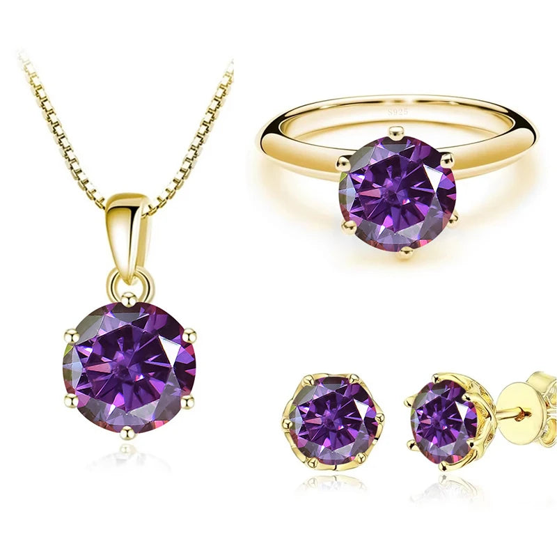 Gold-Tone Colored Moissanite Necklace, Stud Earrings & Ring Set — Purplish red set