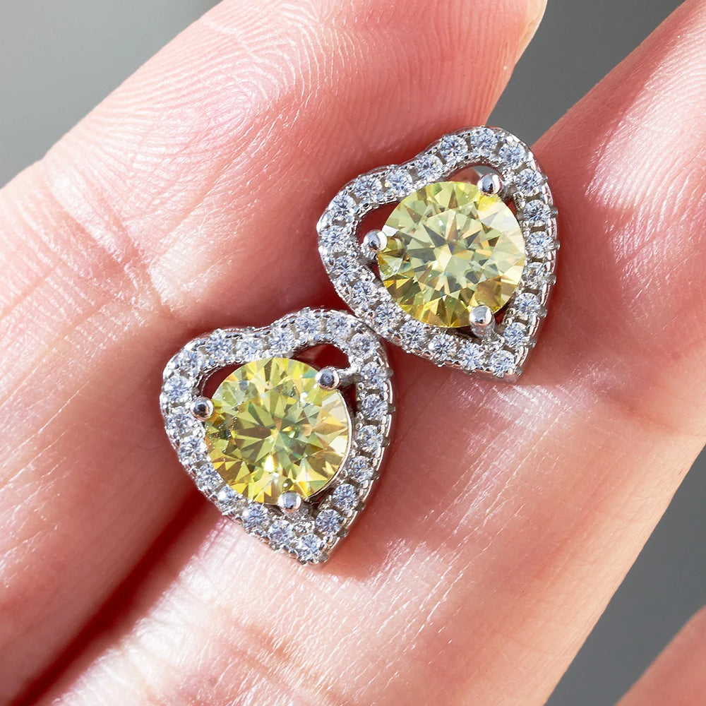 Moissanite Heart Halo Stud Earrings in Sterling Silver — Yellow heart halo earrings — BandsCo Straps