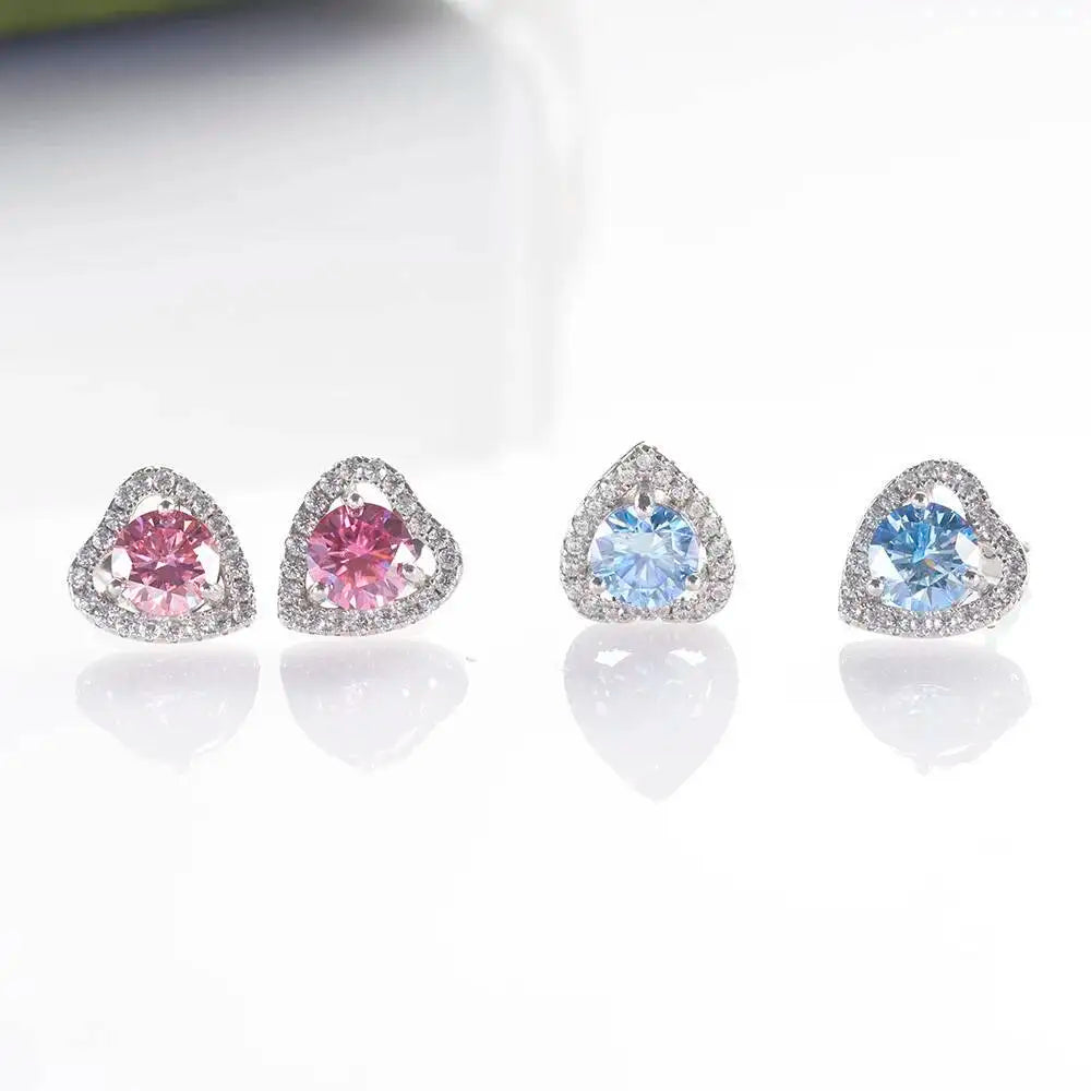 Moissanite Heart Halo Stud Earrings in Sterling Silver — Pink and blue heart halo comparison — BandsCo Straps