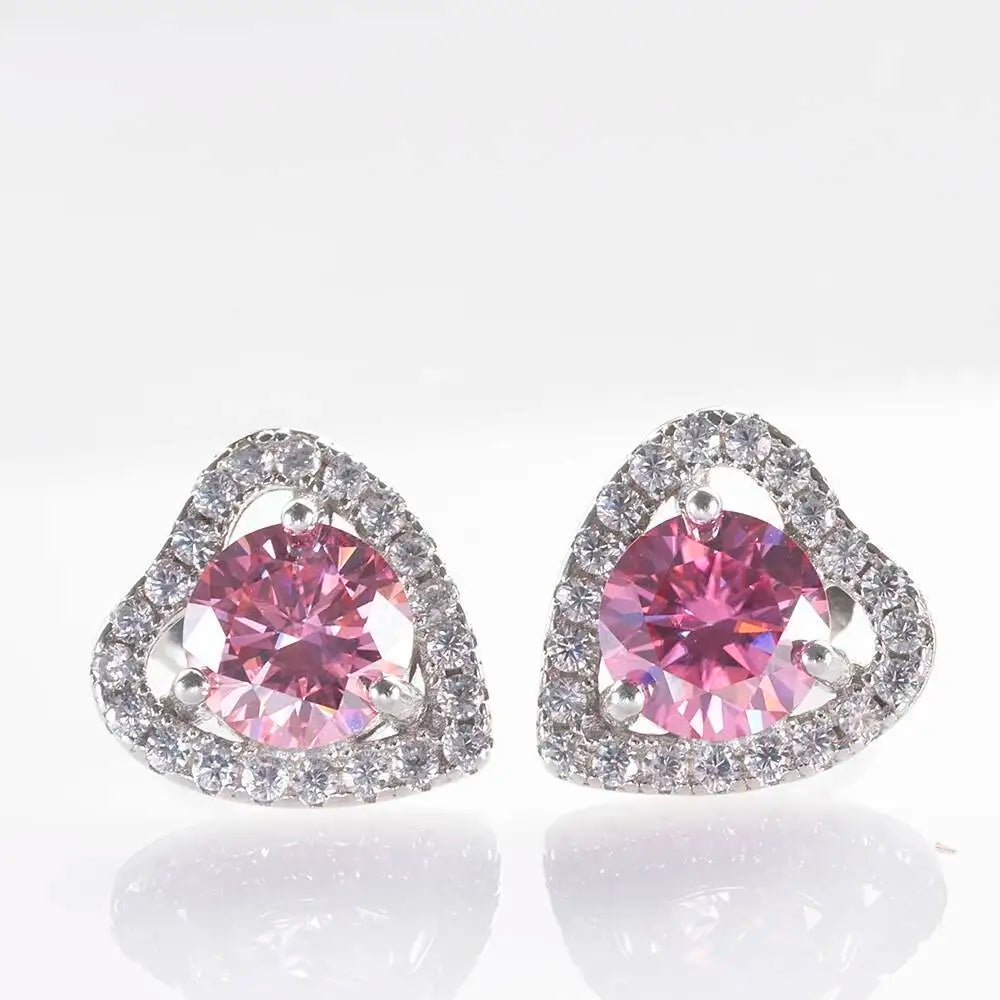 Moissanite Heart Halo Stud Earrings in Sterling Silver — Pink — BandsCo Straps